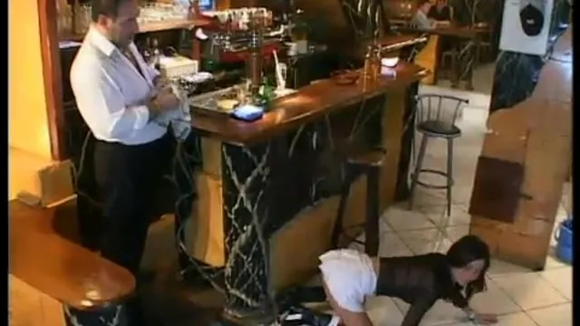 Horny waitress Thalia screws two customers and the boss