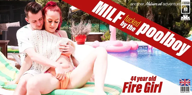 The Poolboy get's seduced by MILF Fire Girl to fuck her right next to the pool under the sun