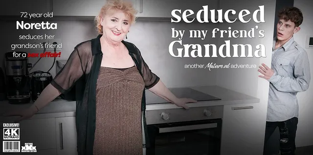 curvy 72 year old granny Noretta seduces her grandson's best friend to fuck her hard on the couch