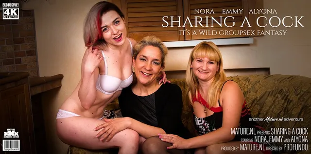 Two horny mature ladies and a sexy young girl eat pussy and share a big cock in this kinky foursome