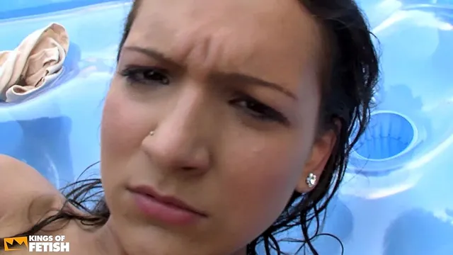 Hot teen sucks and rides a dude with big cock outdoor by the pool