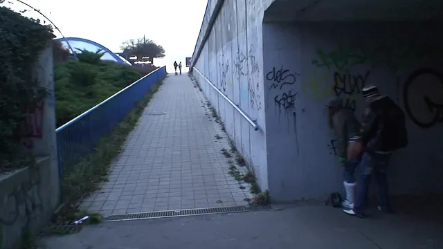 Outdoor public sex couple love to be watched on roof and train station sucking dick